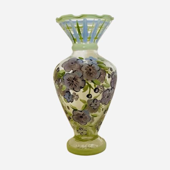 Vintage TRACY PORTER Hand-Painted Glass Bud Vase Purple Flowers Ruffled Rim 6.5” - Picture 6 of 10